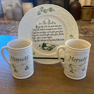Belleek Ireland Himself - Herself mug and Belleek Irish Blessing plate